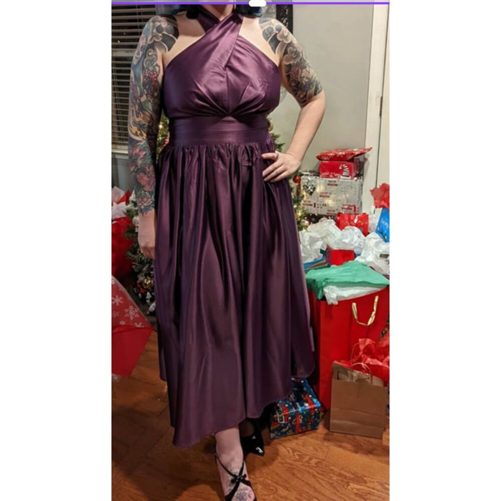 Shein-Plum Satin Halter Midi Dress – Elegant Twist Front